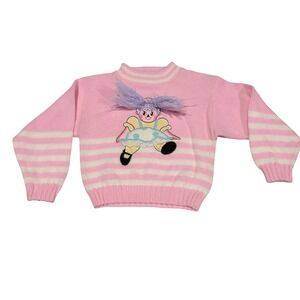 Y2K Vintage Miniwaves Knitwaves Pink Striped Doll 3D Hair Sweater Kids USA Made